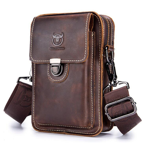 BULLCAPTAIN Crazy horse leather Male Waist Packs Phone Pouch Bags Waist Bag Men's Small chest Shoulder Belt Bag small back pack