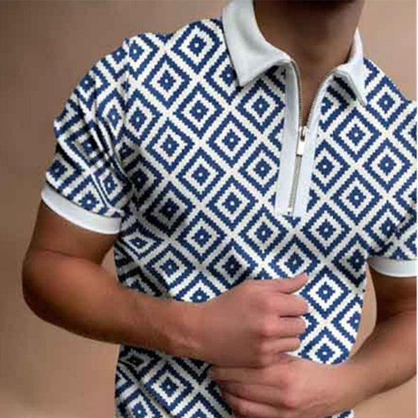 Luxury Men's Clothing Polo Shirts Streetwear Diamond Print Casual Short Sleeve Tee Shirt Men Turn-Down Collar Zipper Polo Tops