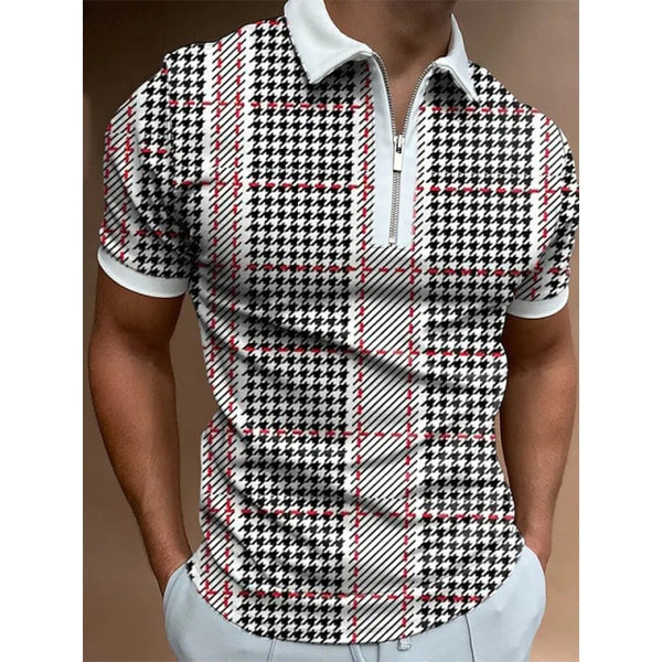 Luxury Men's Clothing Polo Shirts Streetwear Diamond Print Casual Short Sleeve Tee Shirt Men Turn-Down Collar Zipper Polo Tops