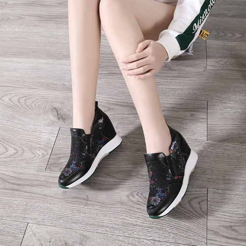 Chic Women Black White Real Cow Leather Sneaker Rhinestones Wedge Hidden Heel Casual Sport Shoes Korean Styles Match Colors