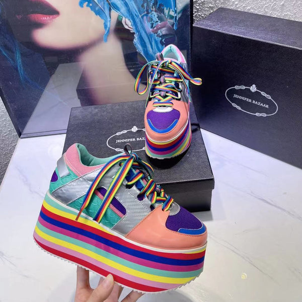 Women Rainbow Shoes High Heels Platform Girl Chunky Sneaker Colourful Mixed Color Fashion Luxry Brand Thick Sole Multicolour