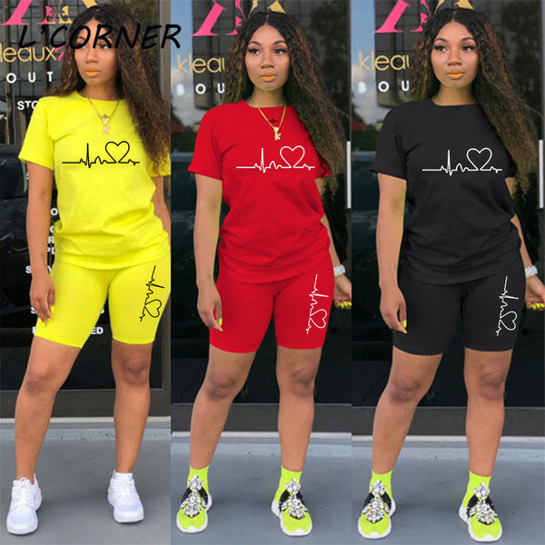 Women Neon Yellow Casual 2 Piece Set Summer Heart Rate Print T-Shirts and Shorts Sets Female Fashion Tracksuit Sport Outfits