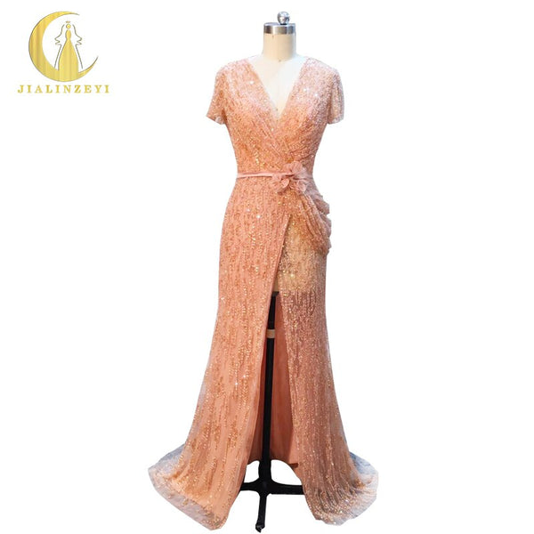 Rhine Real Sample Image Elie Saab Short Sleeves Full Hand Work Beads Luxurious V Neck Open Back Formal Party Evening Dress
