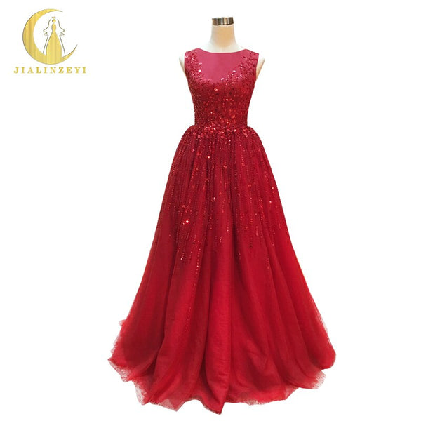 Rhine Real Sample Image Luxurious Red Full Beads Hand Work High Quality Floor Length Evening Dresses 2020