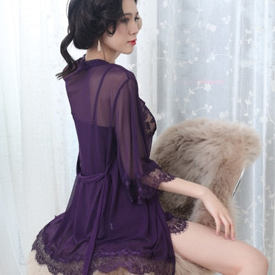 DeRuiLaDy Perspective Lace Nightgown Three Piece Sets Sexy Night Dress Deep V Neck Sleepwear G-string Strapped Skir Pajama Women