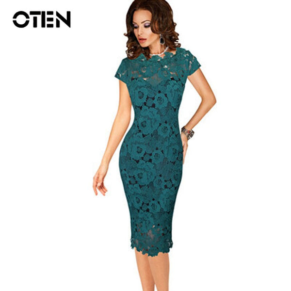 OTEN Office ladies dresses Elegant womens sexy lace hollow out knee length work office business sheath bodycon dress robe crayon