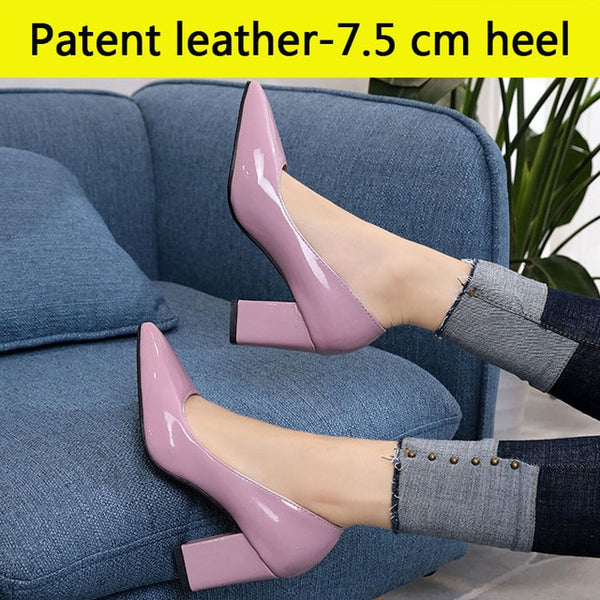 Aphixta Shoes Women Pointed Toe Pumps Sapato feminino 7.5cm High Square Heels Patent Leather Fashion Work Black Party Shoes