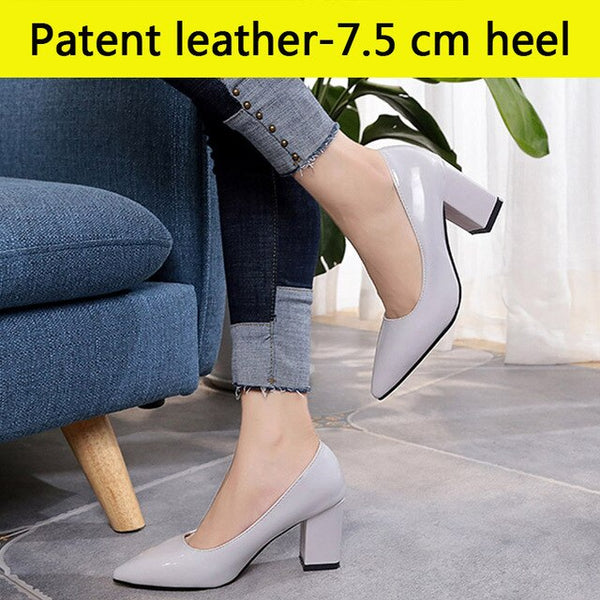 Aphixta Shoes Women Pointed Toe Pumps Sapato feminino 7.5cm High Square Heels Patent Leather Fashion Work Black Party Shoes