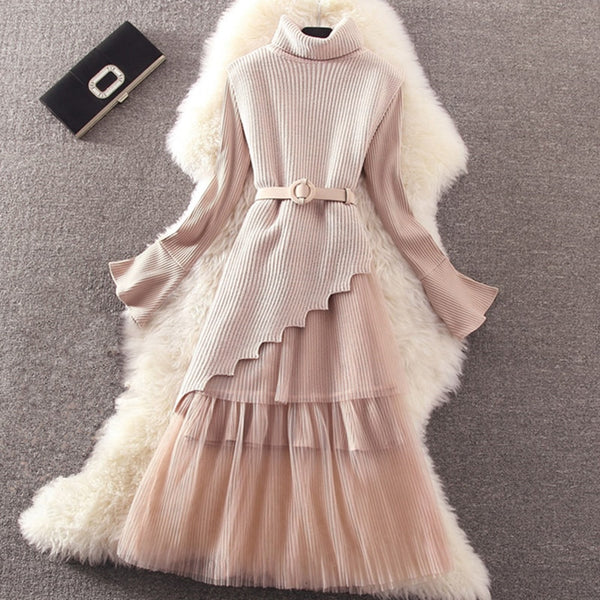 Autumn Winter Women Dress Suit 2018 Cute Mesh Lace Knitted Dress Bodycon Casual Pleated Dress Work Spring vestidos