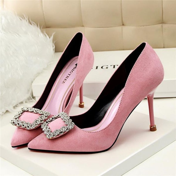 BIGTREE Rhinestone Square Buckle Ladies High Heels Pointed Toe Women Shoes  Solid Flock Shallow  Office Work Pumps For Woman