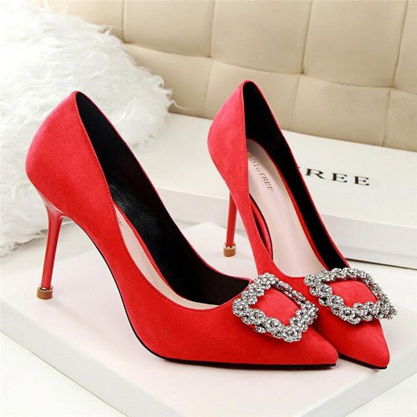 BIGTREE Rhinestone Square Buckle Ladies High Heels Pointed Toe Women Shoes  Solid Flock Shallow  Office Work Pumps For Woman