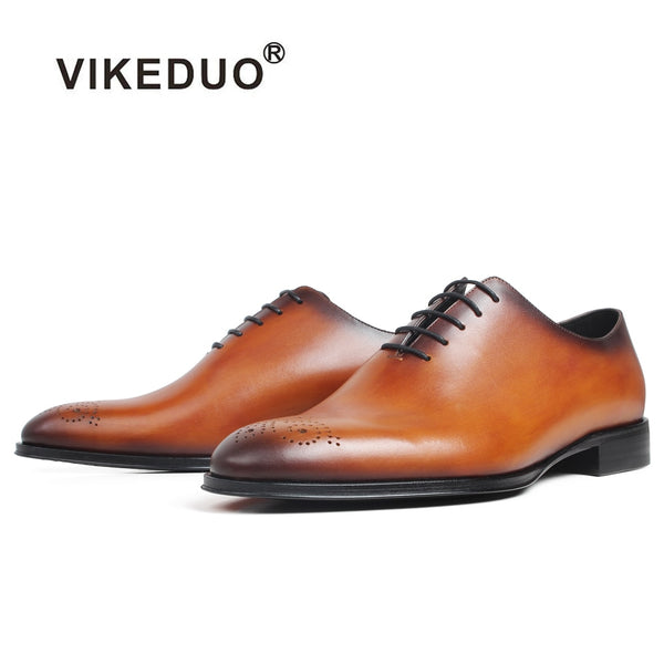 VIKEDUO Oxford Dress Shoes Men's Genuine Cow Skin Patina Custom Made Wedding Office Party Round Flat Leather Shoes Brogue Shoes