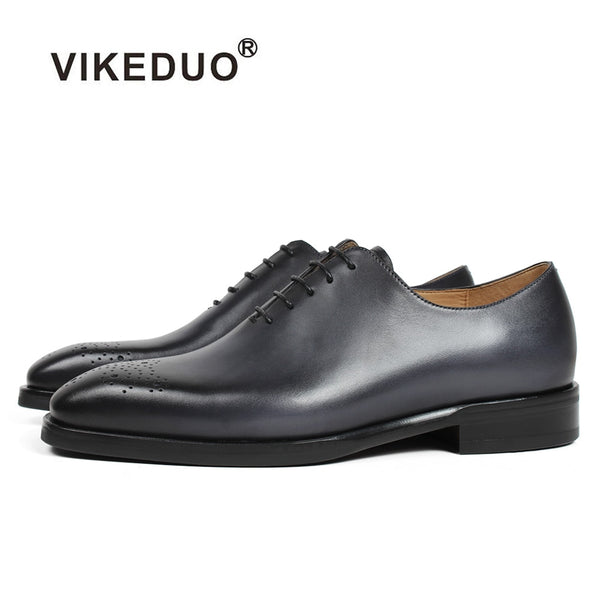 VIKEDUO Classic Men's Oxford Dress Shoes Gray Genuine Leather Male Shoe Square Toe Formal Wedding Office Zapato Hombre 2019 New