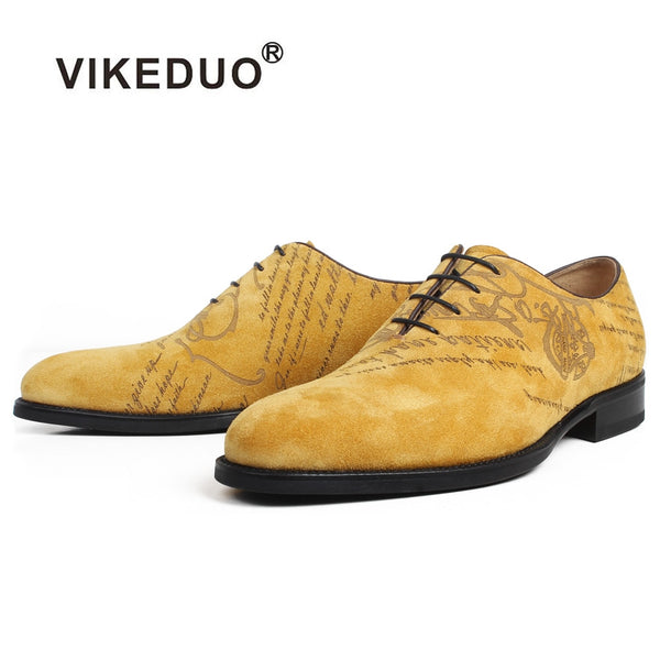 VIKEDUO Round Toe Oxford Shoes For Men Yellow Letter Laser Handmade Dress Shoe Wedding Office Party Genuine Cow Suede Men's Shoe