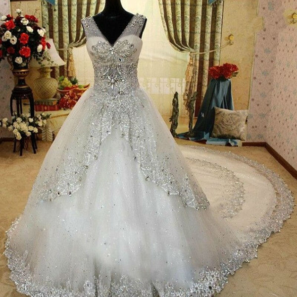 RE15 High quality Crystal beaded with long train applique factory wedding gown heavy hand work wedding dress