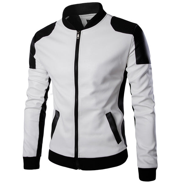 2019new men's stand collar black and white color matching casual leather, fashion youth racing suit large size PU leather jacket