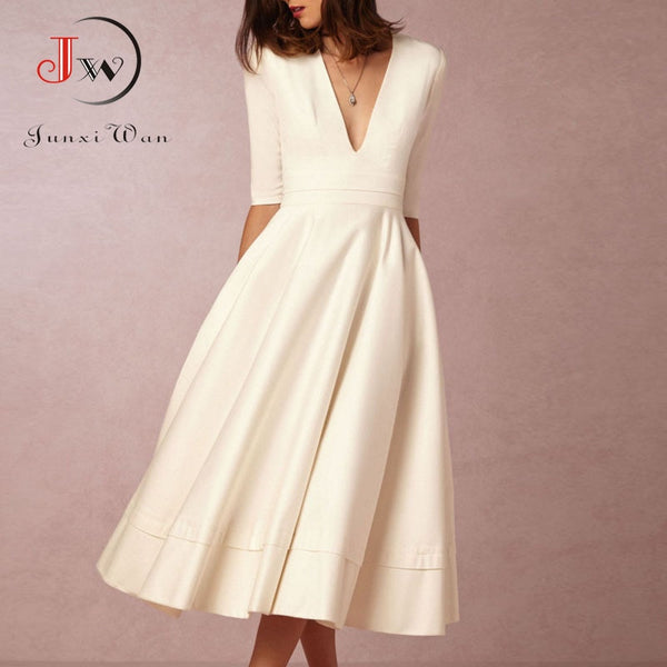 Deep V Neck Sexy Long Party Dress Women Half Sleeve White Elegant Office Work Dress Plus Size S~3XL Vintage A-line Dresses