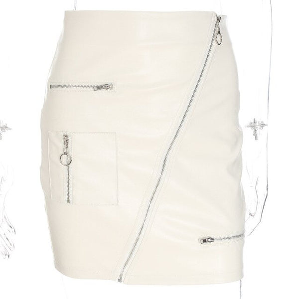 Sexy Women Skirt PU Leather High Waist Zipper Package Hip Short Dress Harajuku Streetwear Office Lady Formal Work Club White